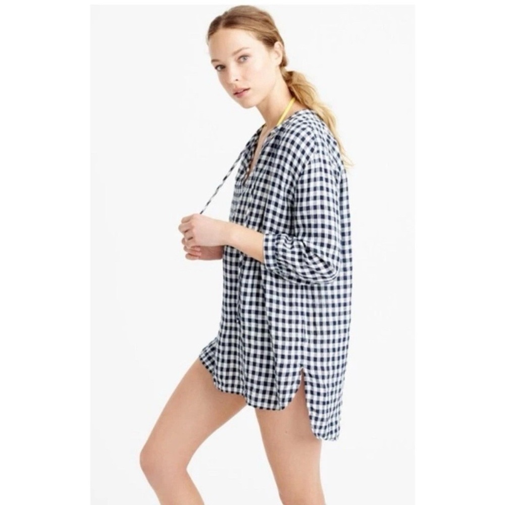 J. Crew Linen & Cotton Blend Gingham Checkered Tunic Gingham Tunic Top Cover Up✨ - Picture 2 of 9